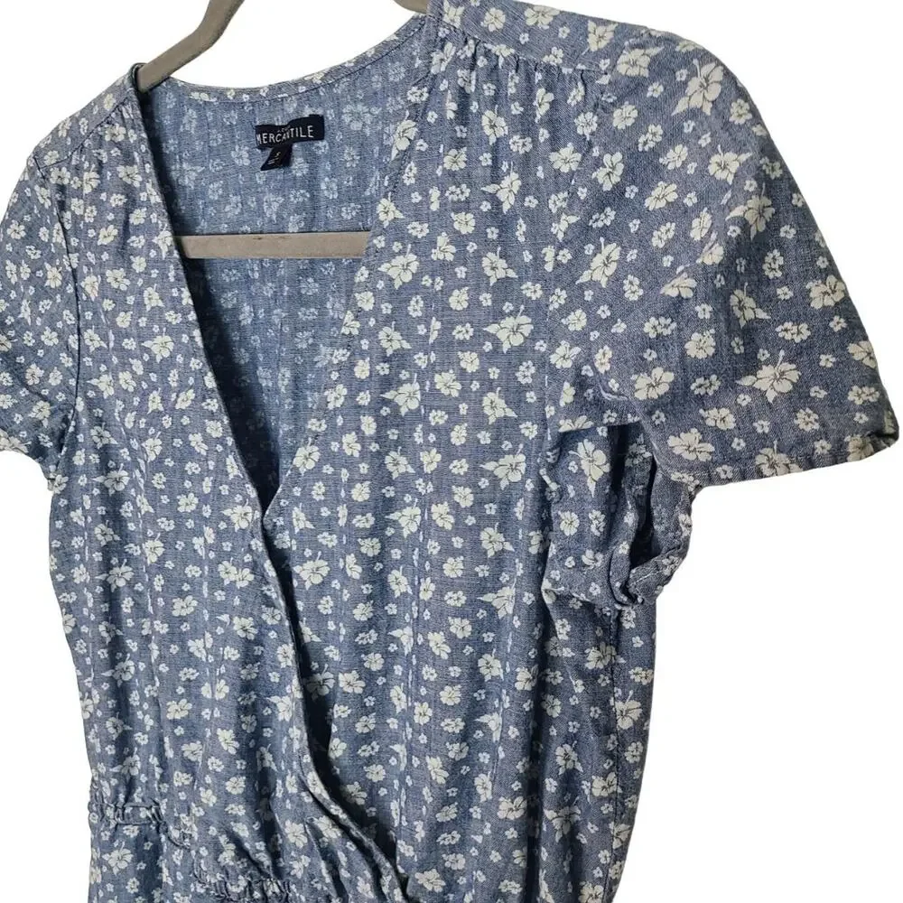J. Crew Womens Floral Chambray Surplice Mini Dress Size S Ruffle Hem Preppy Tie